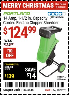 Harbor Freight Coupon 14 AMP ELECTRIC SHREDDER Lot No. 61714/69293 Expired: 12/26/22 - $124.99