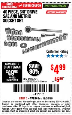 Harbor Freight Coupon 40 PIECE 1/4" AND 3/8" DRIVE SOCKET SET Lot No. 61328/62843/63015/47902 Expired: 12/26/19 - $4.99