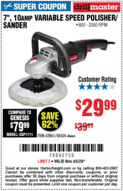 Harbor Freight Coupon 7" VARIABLE SPEED POLISHER/SANDER Lot No. 62861/92623/60626 Expired: 6/30/20 - $29.99