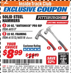 Harbor Freight ITC Coupon STEEL PROFESSIONAL HAMMERS Lot No. 60517/38383/61512/60518 Expired: 10/31/18 - $8.99