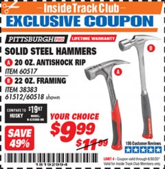 Harbor Freight ITC Coupon STEEL PROFESSIONAL HAMMERS Lot No. 60517/38383/61512/60518 Expired: 6/30/20 - $9.99