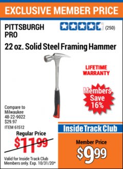 Harbor Freight ITC Coupon STEEL PROFESSIONAL HAMMERS Lot No. 60517/38383/61512/60518 Expired: 10/31/20 - $9.99