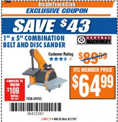 Harbor Freight ITC Coupon 1" X 5" COMBINATION BELT AND DISC SANDER Lot No. 34951/69033 Expired: 8/7/18 - $64.99