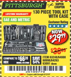 Harbor Freight Coupon 130 PIECE TOOL KIT WITH CASE Lot No. 64263/68998/63091/63248/64080 Expired: 6/13/18 - $29.99