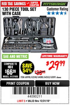 Harbor Freight Coupon 130 PIECE TOOL KIT WITH CASE Lot No. 64263/68998/63091/63248/64080 Expired: 12/31/18 - $29.99