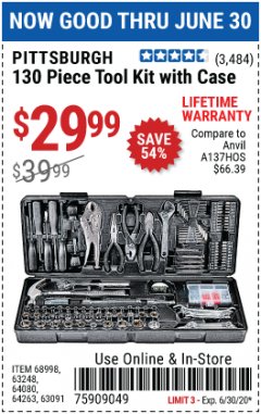 Harbor Freight Coupon 130 PIECE TOOL KIT WITH CASE Lot No. 64263/68998/63091/63248/64080 Expired: 6/30/20 - $29.99
