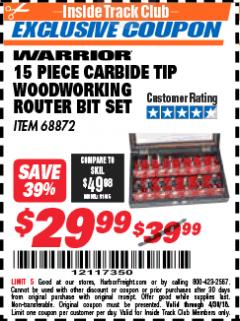 Harbor Freight ITC Coupon 15 PIECE CARBIDE TIP WOODWORKING ROUTER BIT SET Lot No. 68872 Expired: 6/30/18 - $29.99