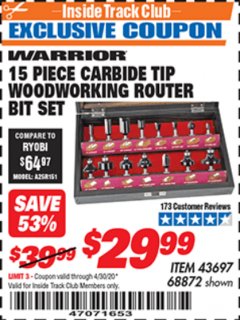 Harbor Freight ITC Coupon 15 PIECE CARBIDE TIP WOODWORKING ROUTER BIT SET Lot No. 68872 Expired: 4/30/20 - $29.99