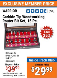 Harbor Freight Coupon 15 PIECE CARBIDE TIP WOODWORKING ROUTER BIT SET Lot No. 68872 Expired: 10/31/20 - $29.99