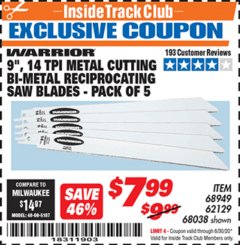 Harbor Freight ITC Coupon 9" 14 TPI METAL CUTTING BI-METAL RECIPROCATING SAW BLADES-  PACK OF 5 Lot No. 68949/62129/68038 Expired: 6/30/20 - $7.99