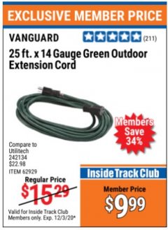 Harbor Freight ITC Coupon 25 FT. X 14 GAUGE GREEN OUTDOOR EXTENSION CORD Lot No. 60267/61862/62929/62930/62931/45283 Expired: 12/3/20 - $9.99