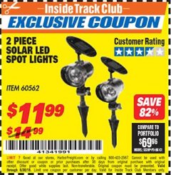 Harbor Freight ITC Coupon 2 PIECE SOLAR LED SPOT LIGHTS Lot No. 60562 Expired: 6/30/18 - $11.99