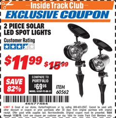 Harbor Freight ITC Coupon 2 PIECE SOLAR LED SPOT LIGHTS Lot No. 60562 Expired: 11/30/18 - $11.99