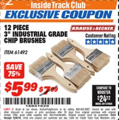 Harbor Freight ITC Coupon 3" INDUSTRIAL GRADE CHIP BRUSHES PACK OF 12 Lot No. 4183/61492 Expired: 9/30/18 - $5.99