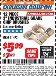 Harbor Freight ITC Coupon 3" INDUSTRIAL GRADE CHIP BRUSHES PACK OF 12 Lot No. 4183/61492 Expired: 11/30/18 - $5.99