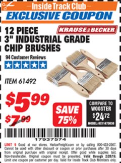 Harbor Freight ITC Coupon 3" INDUSTRIAL GRADE CHIP BRUSHES PACK OF 12 Lot No. 4183/61492 Expired: 2/28/19 - $5.99