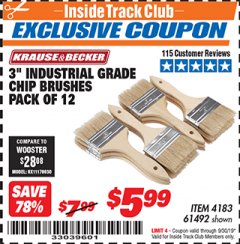 Harbor Freight ITC Coupon 3" INDUSTRIAL GRADE CHIP BRUSHES PACK OF 12 Lot No. 4183/61492 Expired: 9/30/19 - $5.99