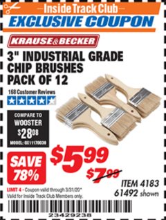 Harbor Freight ITC Coupon 3" INDUSTRIAL GRADE CHIP BRUSHES PACK OF 12 Lot No. 4183/61492 Expired: 3/31/20 - $5.99