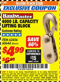 Harbor Freight ITC Coupon LIFTING BLOCK Lot No. 62456/60644 Expired: 7/31/18 - $4.99