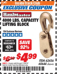 Harbor Freight ITC Coupon LIFTING BLOCK Lot No. 62456/60644 Expired: 11/30/19 - $4.99