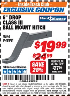 Harbor Freight ITC Coupon CLASS III BALL MOUNT HITCH WITH 6" DROP Lot No. 94898 Expired: 12/31/18 - $19.99