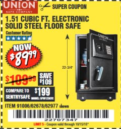 Harbor Freight Coupon 1.51 CUBIC FT. SOLID STEEL DIGITAL FLOOR SAFE Lot No. 61565/62678/91006 Expired: 10/15/18 - $89.99