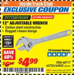 Harbor Freight ITC Coupon 12" ADJUSTABLE STEEL WRENCH Lot No. 60717/65802 Expired: 3/31/20 - $4.99