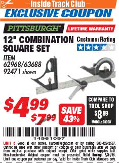 Harbor Freight ITC Coupon 12" COMBINATION SQUARE Lot No. 62968/92471 Expired: 5/31/18 - $4.99