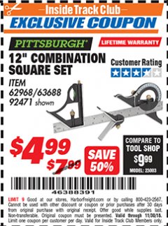 Harbor Freight ITC Coupon 12" COMBINATION SQUARE Lot No. 62968/92471 Expired: 11/30/18 - $4.99