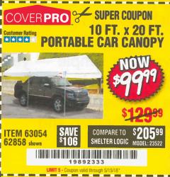 Harbor Freight Coupon 10  FT X 20 FT CAR CANOPY Lot No. 60728/69034/63054/62858/62857 Expired: 5/15/18 - $99.99