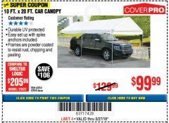 Harbor Freight Coupon 10  FT X 20 FT CAR CANOPY Lot No. 60728/69034/63054/62858/62857 Expired: 5/27/18 - $99.99