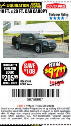 Harbor Freight Coupon 10  FT X 20 FT CAR CANOPY Lot No. 60728/69034/63054/62858/62857 Expired: 6/30/18 - $97.99