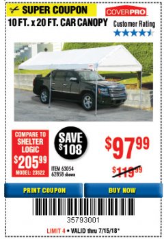 Harbor Freight Coupon 10  FT X 20 FT CAR CANOPY Lot No. 60728/69034/63054/62858/62857 Expired: 7/15/18 - $97.99