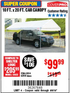 Harbor Freight Coupon 10  FT X 20 FT CAR CANOPY Lot No. 60728/69034/63054/62858/62857 Expired: 8/6/18 - $99.99