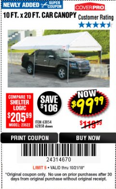 Harbor Freight Coupon 10  FT X 20 FT CAR CANOPY Lot No. 60728/69034/63054/62858/62857 Expired: 10/21/18 - $99.99