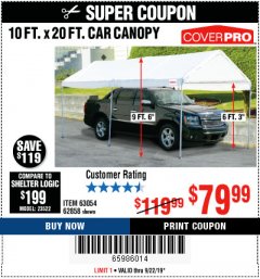 Harbor Freight Coupon 10  FT X 20 FT CAR CANOPY Lot No. 60728/69034/63054/62858/62857 Expired: 9/22/19 - $79.99