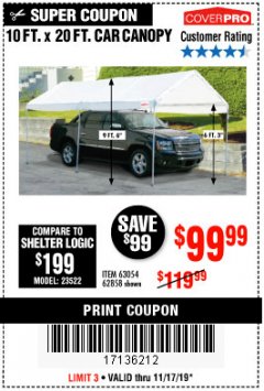 Harbor Freight Coupon 10  FT X 20 FT CAR CANOPY Lot No. 60728/69034/63054/62858/62857 Expired: 11/17/19 - $99.99