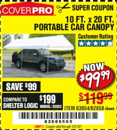 Harbor Freight Coupon 10  FT X 20 FT CAR CANOPY Lot No. 60728/69034/63054/62858/62857 Expired: 1/27/20 - $99.99