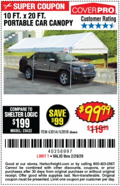 Harbor Freight Coupon 10  FT X 20 FT CAR CANOPY Lot No. 60728/69034/63054/62858/62857 Expired: 2/29/20 - $99.99