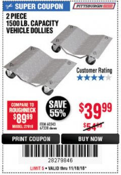 Harbor Freight Coupon 2 PIECE 1500 LB. CAPACITY VEHICLE WHEEL DOLLIES Lot No. 60343/67338 Expired: 11/18/18 - $39.99