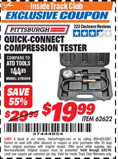 Harbor Freight ITC Coupon QUICK CONNECT COMPRESSION TESTER Lot No. 62622/95187 Expired: 8/31/19 - $19.99