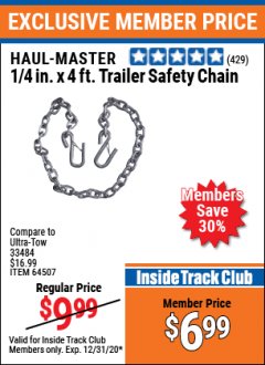Harbor Freight ITC Coupon 1/4" X 4 FT. TRAILER SAFETY CHAIN Lot No. 64507 Expired: 12/31/20 - $6.99
