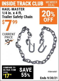 Harbor Freight ITC Coupon 1/4" X 4 FT. TRAILER SAFETY CHAIN Lot No. 64507 Expired: 9/30/21 - $7.99