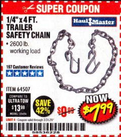 Harbor Freight Coupon 1/4" X 4 FT. TRAILER SAFETY CHAIN Lot No. 64507 Expired: 3/31/20 - $7.99