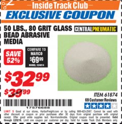 Harbor Freight ITC Coupon 50 LBS. GLASS BEAD 80 GRIT ABRASIVE MEDIA Lot No. 30972/61874 Expired: 2/28/19 - $32.99