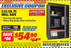Harbor Freight ITC Coupon 0.53 CUBIC FT. DIGITAL WALL SAFE Lot No. 62983/97081 Expired: 8/31/19 - $54.99