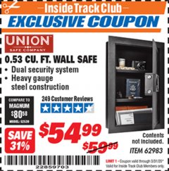 Harbor Freight ITC Coupon 0.53 CUBIC FT. DIGITAL WALL SAFE Lot No. 62983/97081 Expired: 3/31/20 - $54.99