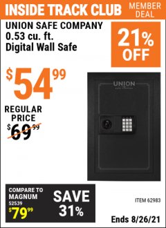 Harbor Freight ITC Coupon 0.53 CUBIC FT. DIGITAL WALL SAFE Lot No. 62983/97081 Expired: 8/26/21 - $54.99
