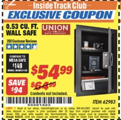 Harbor Freight ITC Coupon 0.53 CUBIC FT. DIGITAL WALL SAFE Lot No. 62983/97081 Expired: 6/17/19 - $54.99