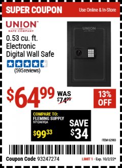 Harbor Freight Coupon 0.53 CUBIC FT. DIGITAL WALL SAFE Lot No. 62983/97081 EXPIRES: 10/2/22 - $64.99